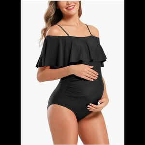 SHEKINI Women's Black Maternity One Piece Swimsuit Ruffle Off-Shoulder Sz Medium